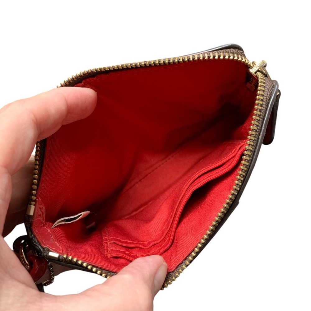 Coach corner zip wristlet wallet‎ in Signature PVC brown leather/red patent. EUC - Picture 4 of 8